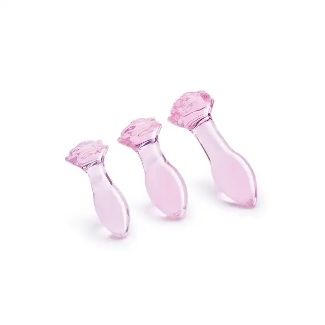 Glaze Glass - Rosebud Anal Training Set. Zestaw treningowy różowych, szklanych plugów analnych z ozdobnymi różami 