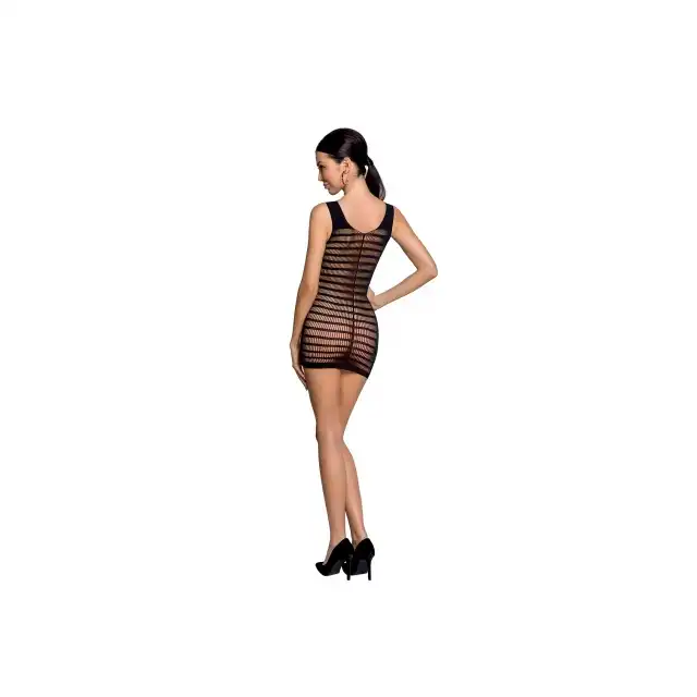 Passion - Bodystocking BS092 Black. Wyjątkowa sukienka mini z siateczkowego materiału z niebanalnym wycięciem na piersi