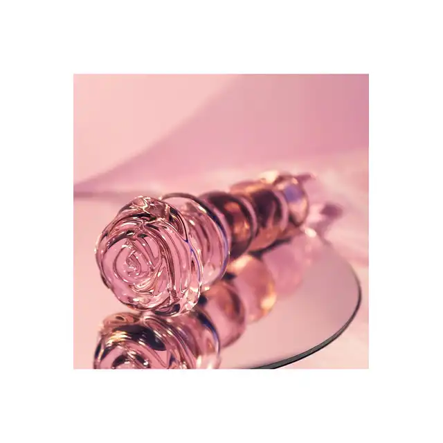 Glaze Glass - Rosebud Beaded Plug 14 cm. Różowy, szklany korek analny ze żłobieniami i elegancką różyczką. Jakość premium. 