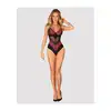 Obsessive - Rosenty body XS/S. Urocze i romantyczne czarne body z różową, kwiatową koronką 