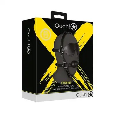 Ouch! - Blindfolded Head Mask Harness with Solid Ball - harness z opaską na oczy i gagiem. Przejmij kontrolę!