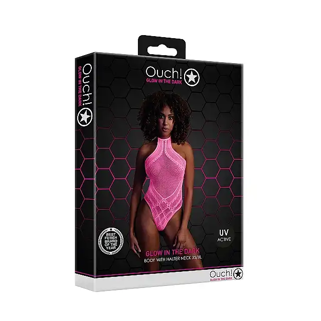OUCH! - Body with Halter Neck Neon Pink XS/XL. Neonowy bodystocking o kroju body z wiązaniem za szyją, świecące w ciemności