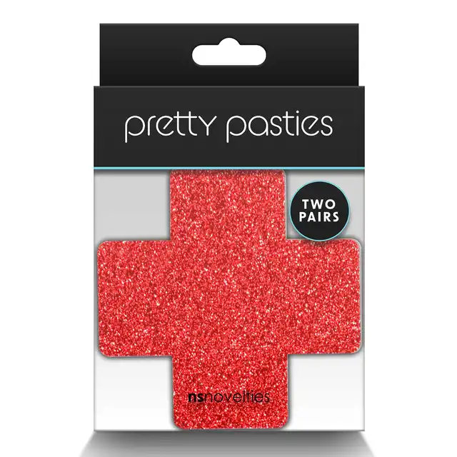 Pretty Pasties - Glitter Cross Red &amp; Silver. Dwie pary naklejek na sutki w kształcie krzyżyków, czerwone i srebrne nasutniki z brokatem