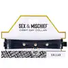 Sex &amp; Mischief - Orbit Day Collar. Elegancka czarna połyskująca obroża na szyję, połączenie luksusowej skóry ze złotymi dodatkami 