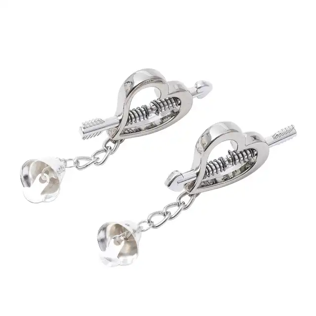 Kiotos - Nipple Clamps Heart Shaped Spring. Metalowe klamerki na sutki w kształcie serduszek. Mechanizm sprężynowy i dzwoneczki