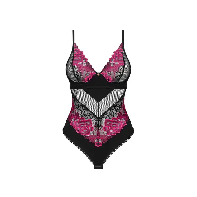 Obsessive - Rosenty body XS/S. Urocze i romantyczne czarne body z różową, kwiatową koronką 