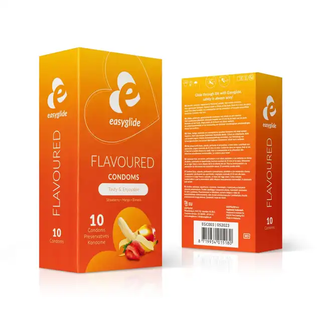 EasyGlide - Flavored Condoms  10 szt. Prezerwatywy w różnych owocowych smakach o średnicy 54 mm. Dla różnorodnych  wrażeń