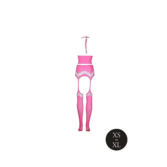 Ouch! - Two Piece with Crop Top and Stockings XS/XL. Neonowy bodystocking z topem wiązanym za szyją i pończochami połączonymi z pasem, świecące w ciemności. Ostatnia sztuka