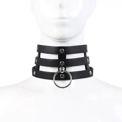 Oproducts - Tripple O-Ring Strap Collar PU-Leather. Potrójna, elegancka, czarna obroża choker z ekoskóry. 