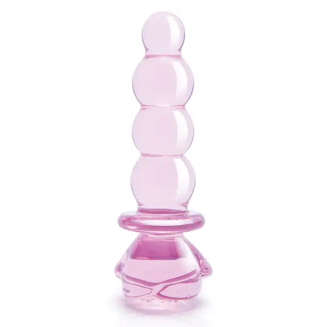 Glaze Glass - Rosebud Beaded Plug 14 cm. Różowy, szklany korek analny ze żłobieniami i elegancką różyczką. Jakość premium. 