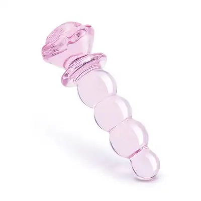 Glaze Glass - Rosebud Beaded Plug 14 cm. Różowy, szklany korek analny ze żłobieniami i elegancką różyczką. Jakość premium. 
