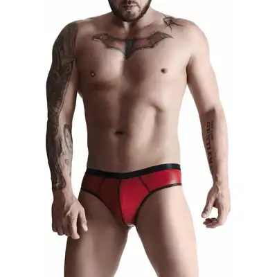 Regnes Fetish Planet - BRI014 Red S. Męskie figi w stylu wetlook, majtki typu brazyliany z czerwonego materiału uwydatniającego pośladki