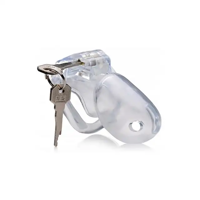 Master Series - Clear Captor Chastity Cage with Keys - Large. Lekka, przeźroczysta klatka na penisa z plastiku. Przewiewna i higieniczna, z regulacją rozmiaru