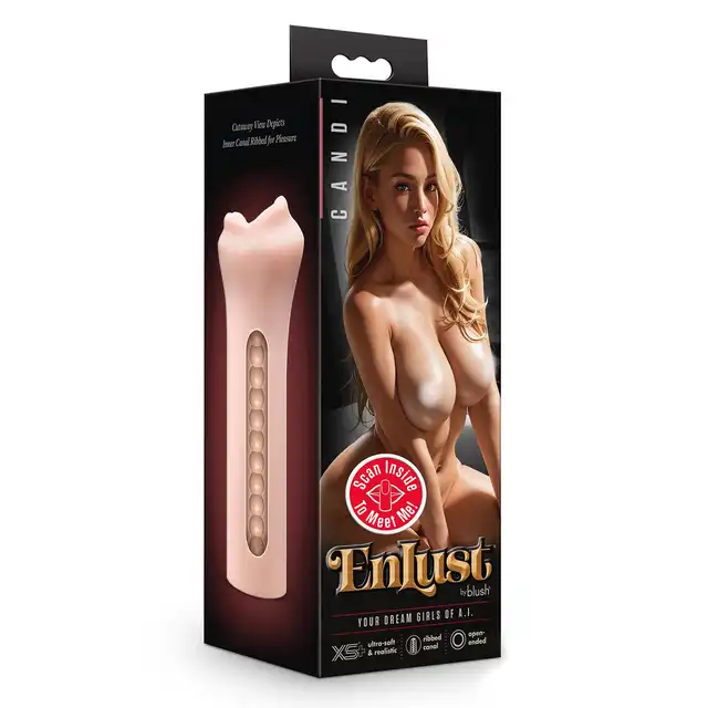 Blush - Enlust Candi Beige. Masturbator o realistycznym kształcie ust modelki AI, z żebrowaniem symulującym głębokie gardło, miękki i ciasny rękaw stymulacyjny