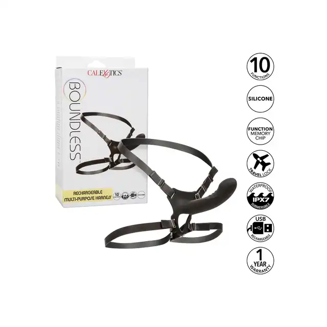 CalExotics - Boundless Rechargeable Harness. Wibrujący strapon z regulowaną uprzężą na biodra i uda, wielofunkcyjna przygoda pełna intensywnych wrażeń