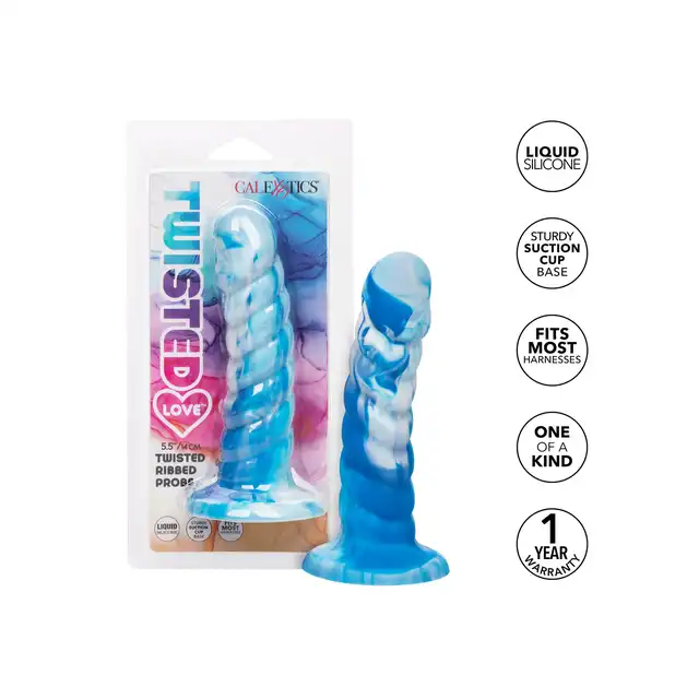 CalExotics - Twisted Ribbed Probe Blue. Silikonowe dildo w niebieskim kolorze z przyssawką w podstawie, zapewniające eksplorację pełną stymulacji