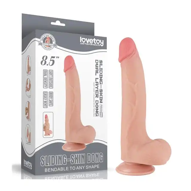 LoveToy - 8.5'' Sliding Skin Dual Layer Dong Flesh. Realistyczne dildo o żylastym trzonie i zarysowanej żołędzi, mocna przyssawka i podwójna gęstość materiału