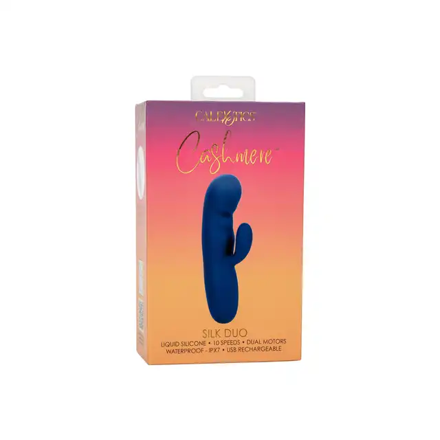 CalExotics - Cashmere Silk Duo. Aksamitny wibrator z króliczkiem o zakrzywionej końcówce do punktu G i elastycznym stymulatorze łechtaczki