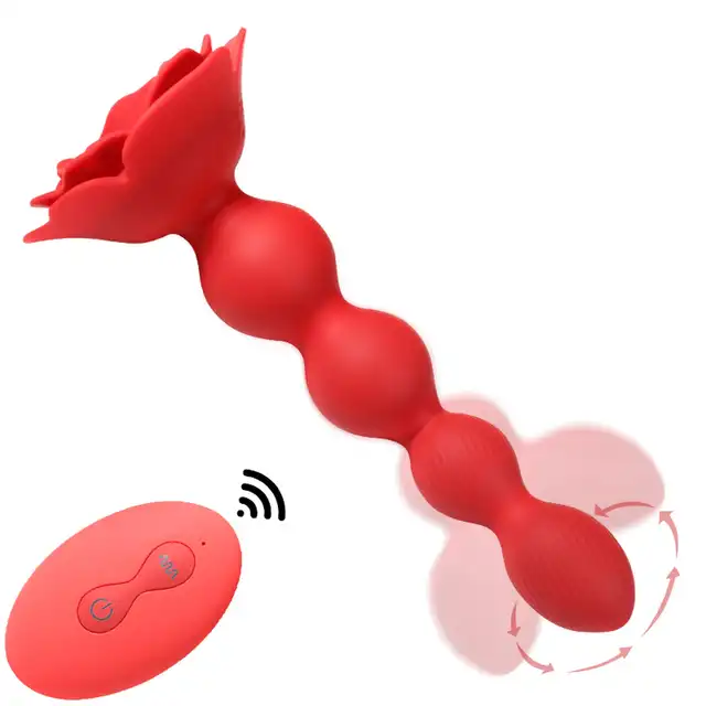 Boys Series - Flower Rose Rotating Anal Beads. Wibrujące koraliki analne na pilota z innowacyjną funkcją obrotową, elegancki design róży