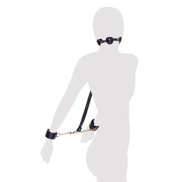 Bad Kitty - Ball Gag+Cuffs. Zestaw bondage silikonowy knebel w połączeniu z kajdankami, stylowe skórzane wykończenie