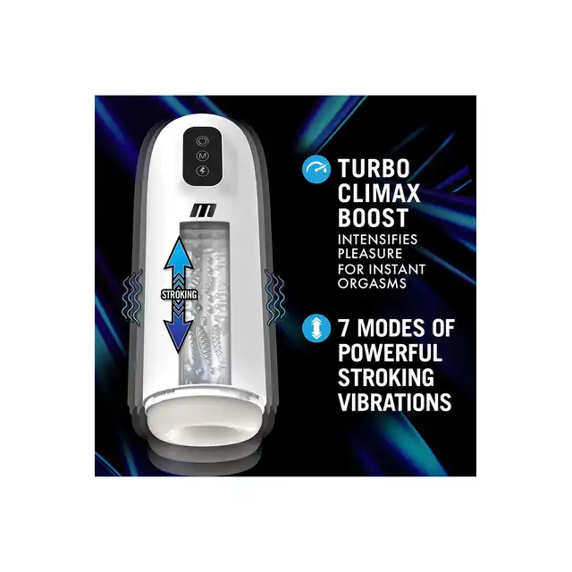 M for Men - Robo-Bator White. Męski masturbator z funkcją wibracji i posuwu, wyposażony w rozkoszny tryb Turbo Climax Boost