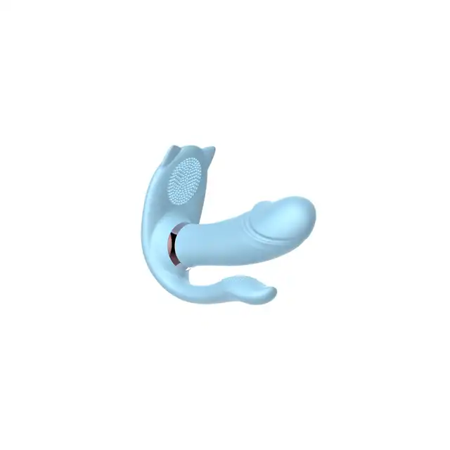 B-Series - Cat Triple Wearable Vibrator. Potrójny jasnoniebieski wibrator do stymulacji waginalnej, łechtaczkowej i analnej. Potrójna zabawa, potrójny orgazm. 
