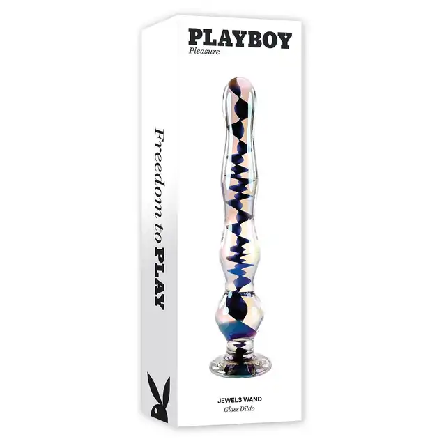 Playboy - Jewels Wand. Eleganckie szklane dildo z wąską końcówką i stopniowanymi koralikami, z kryształowym opalizującym wykończeniem
