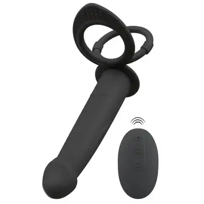Black Velvets - Vibrating RC Double Fucker. Strapon męski, analny wibrator z pierścieniem na penisa i jądra, zapewniające intensywne doznania podwójnej penetracji