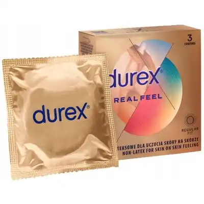 Durex - Real Feel 3 szt. Klasyczne prezerwatywy nielateksowe, poczuj moc naturalnych doznań z prezerwatywami nowej generacji