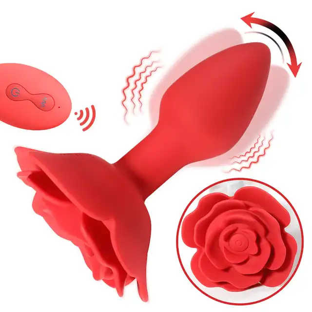 B-Series - Rose Rotating Butt Plug. Wibrujący i rotacyjny korek analny o pięknym kształcie czerwonej róży. Doskonały prezent