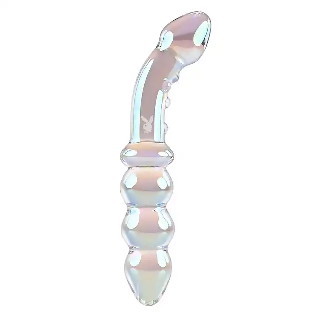 Playboy - Jewels Double. Podwójne dildo szklane z opalizującym wykończeniem, idealne do stymulacji punktu G i P