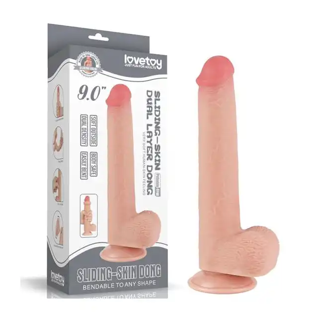 LoveToy - 9'' Sliding Skin Dual Layer Dong Flesh. Realistyczne dildo o żylastym trzonie i zarysowanej żołędzi, mocna przyssawka i podwójna gęstość materiału