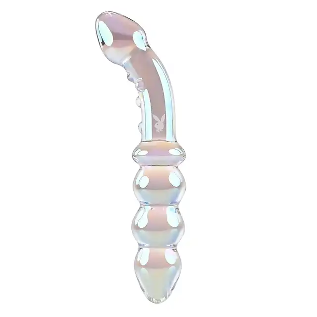 Playboy - Jewels Double. Podwójne dildo szklane z opalizującym wykończeniem, idealne do stymulacji punktu G i P