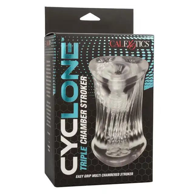CalExotics - Cyclone Triple Chamber Stroker. Żebrowany masturbator z trzema otworami penetracyjnymi, potrójna intensywność i przyjemność