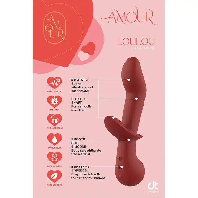 Amour – Flexible G-Spot Duo Vibe LouLou. Ciemnoczerwony wibrator z króliczkiem do punktu G z zakrzywioną główką i wygodną rączką
