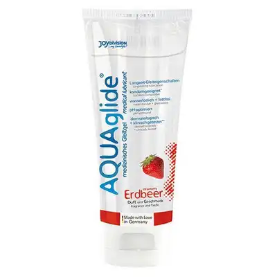 Aqua Glide - Strawberry 100ml. Lubrykant na bazie wody o aromacie truskawki, zapewnia nawilżenie i większą intensywność doznań