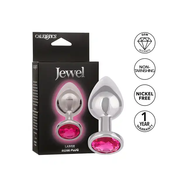 CalExotics - Jewel Large Rose Plug. Metalowy korek analny z różowym kryształkiem w podstawie, srebrny i gładki plug o opływowym kształcie