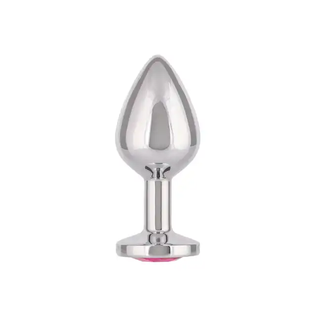 CalExotics - Jewel Large Rose Plug. Metalowy korek analny z różowym kryształkiem w podstawie, srebrny i gładki plug o opływowym kształcie