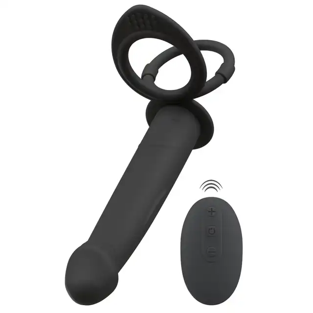 Black Velvets - Vibrating RC Double Fucker. Strapon męski, analny wibrator z pierścieniem na penisa i jądra, zapewniające intensywne doznania podwójnej penetracji