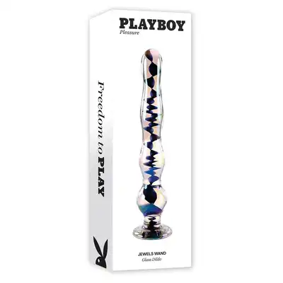 Playboy - Jewels Wand. Eleganckie szklane dildo z wąską końcówką i stopniowanymi koralikami, z kryształowym opalizującym wykończeniem