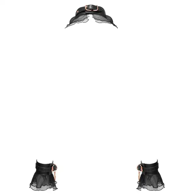 Bad Kitty - Bondage Set Frill. Seksowny zestaw BDSM w formie kajdanek i obroży ze smyczą, zdobiony koronkowymi falbankami