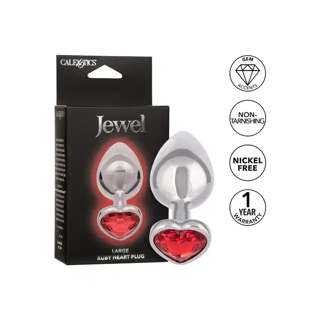 CalExotics - Jewel Large Ruby Heart Plug. Metalowy korek analny z czerwonym serduszkiem w podstawie, wtyczka o zaokrąglonym kształcie