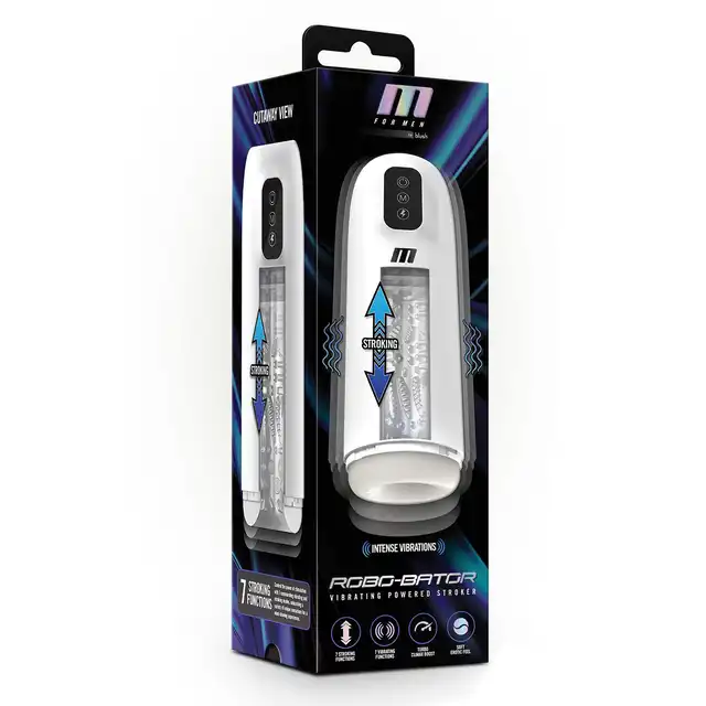 M for Men - Robo-Bator White. Męski masturbator z funkcją wibracji i posuwu, wyposażony w rozkoszny tryb Turbo Climax Boost