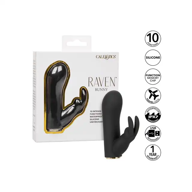 CalExotics - Raven Bunny. Mini wibrator podwójny z króliczkiem do łechtaczki, zanurz się w rozkoszach podwójnej stymulacji 