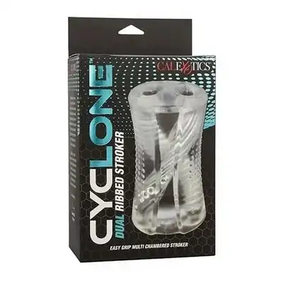 CalExotics - Cyclone Dual Ribbed Stroker. Transparentny żebrowany masturbator z dwoma komorami, odkryj wielokomorową stymulację i przeżyj ekscytującą przygodę po doznania