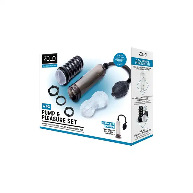 Zolo - 6 Pump &amp; Pleasure Set - zestaw powiększający do penisa! Pompka, ringi, masturbatory!