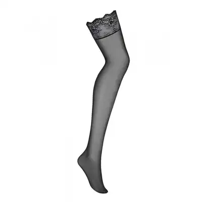 Obsessive - Merossa Stockings L/XL. Zmyskłowe, czarne, prześwitujące pończochy z szerokim pasem kwiatowej koronki