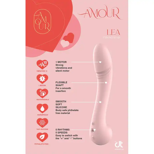Amour – Flexible Vibrator Lea. Różowy silikonowy wibrator z lekkim wygięciem do subtelnej stymulacji punktu G