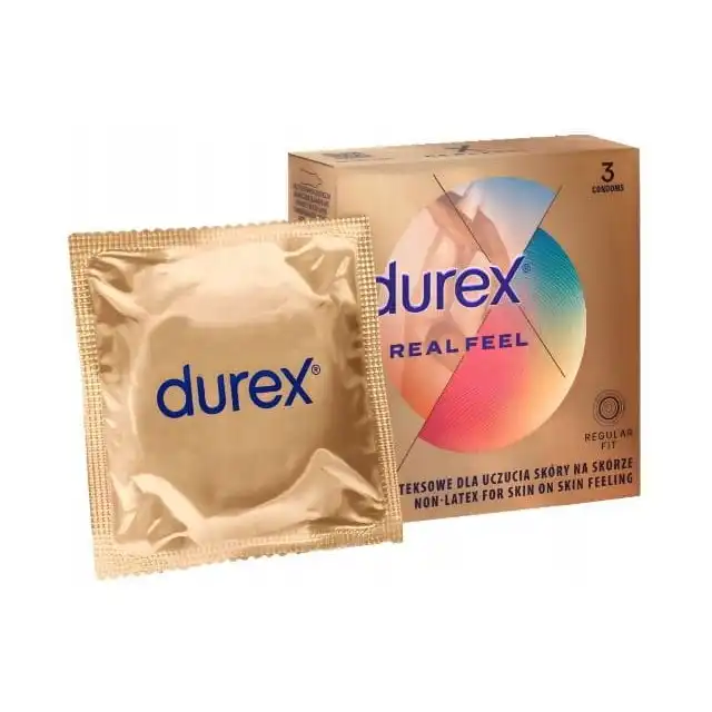 Durex - Real Feel 3 szt. Klasyczne prezerwatywy nielateksowe, poczuj moc naturalnych doznań z prezerwatywami nowej generacji