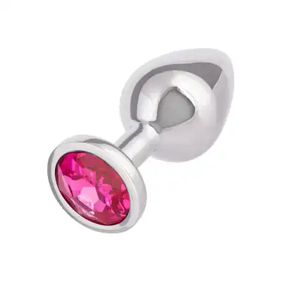 CalExotics - Jewel Large Rose Plug. Metalowy korek analny z różowym kryształkiem w podstawie, srebrny i gładki plug o opływowym kształcie